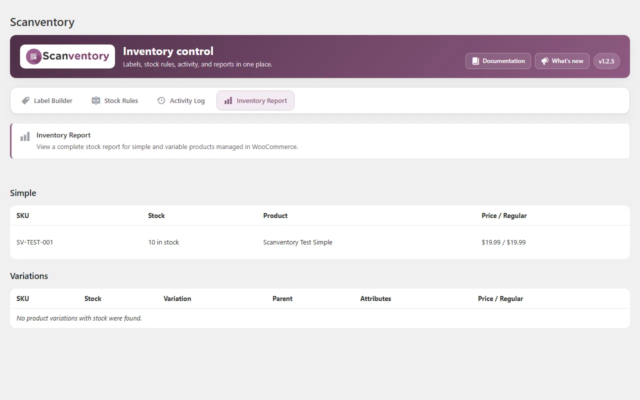 Scanventory v1.2.5 Inventory Report listing SKU, stock, product and price