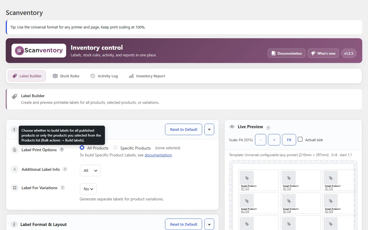 Scanventory v1.2.5 Label Builder with the Universal label format and a live preview of a 3×8 label sheet