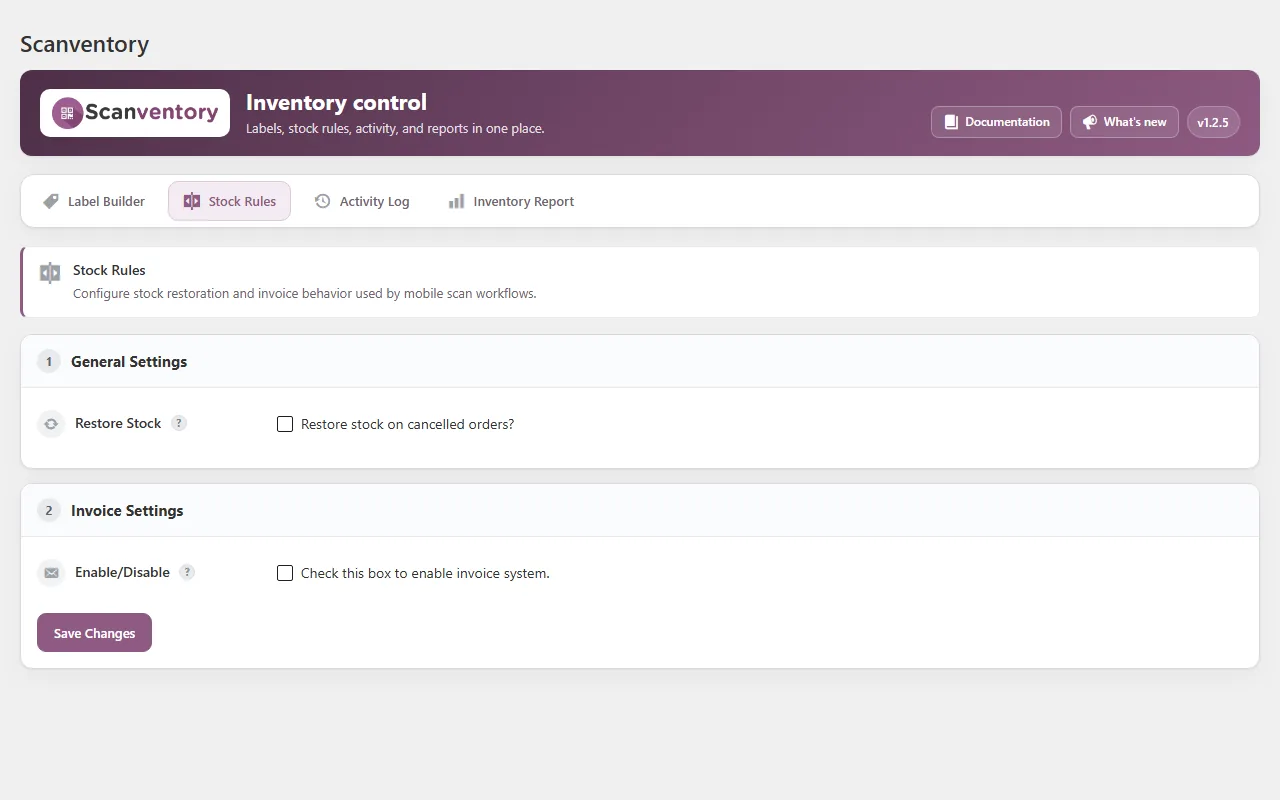 Scanventory v1.2.5 Stock Rules screen with restore-stock and invoice settings