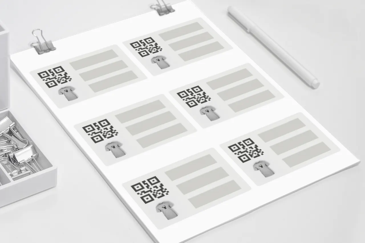A sheet of six Scanventory product labels on a desk