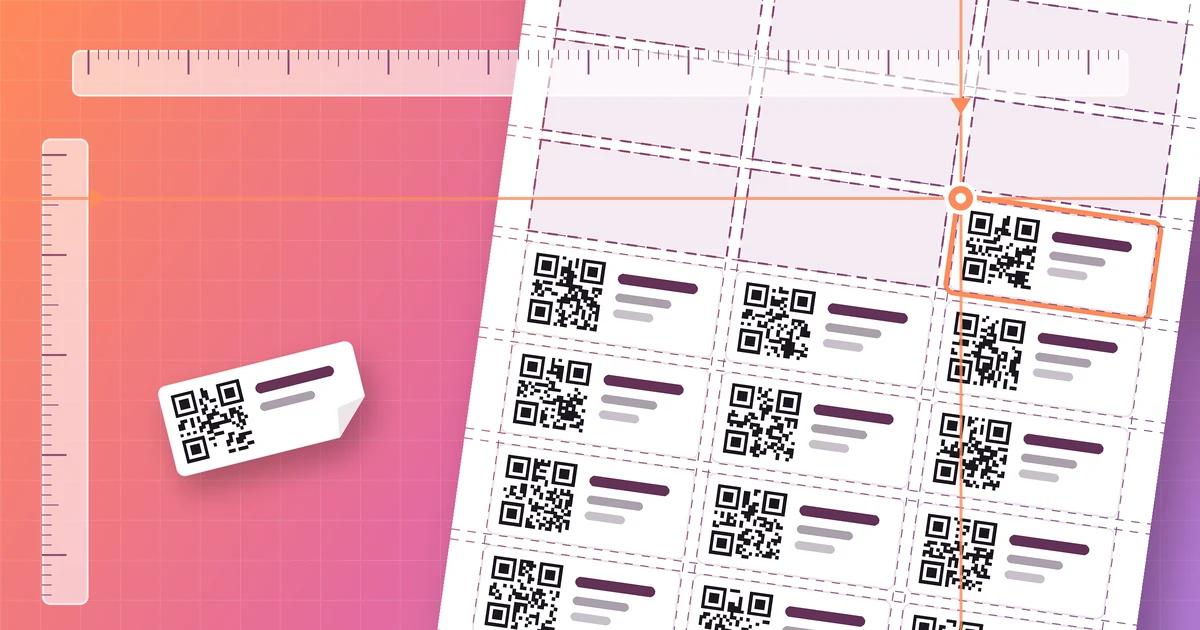 Partly used sheet of QR code labels with the first spots peeled off, under a ruler and alignment grid with a coral marker on the next free label