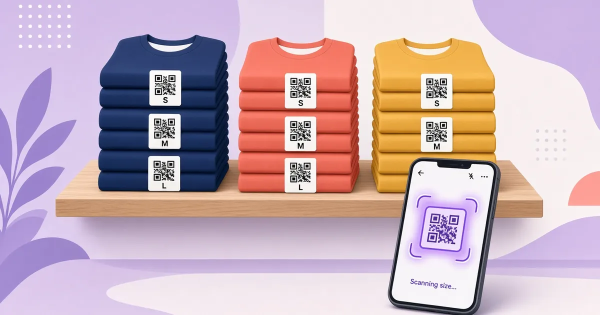 Stacks of navy, coral and yellow t-shirts on a shelf, each size with its own QR code label, while a phone scans one of the labels