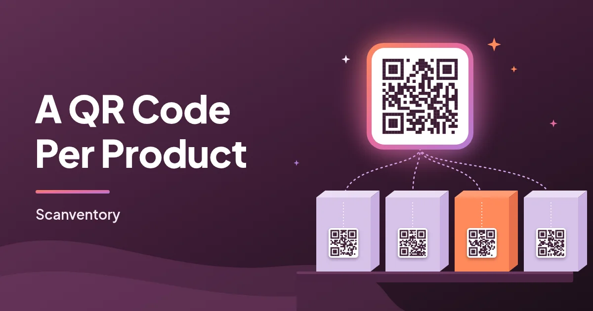 Four product boxes on a shelf, one in coral, each with a QR code tag linked by dotted lines to a large glowing QR code tile