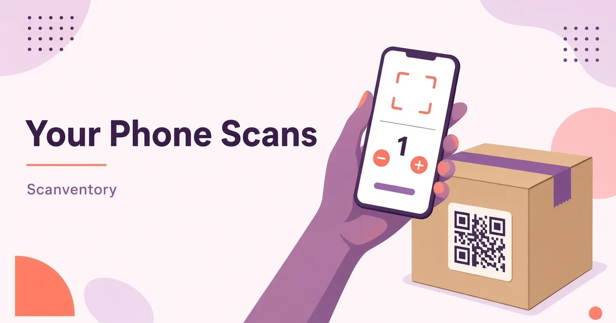 Hand holding a phone that is scanning a QR code label on a cardboard box, with a stock counter on screen