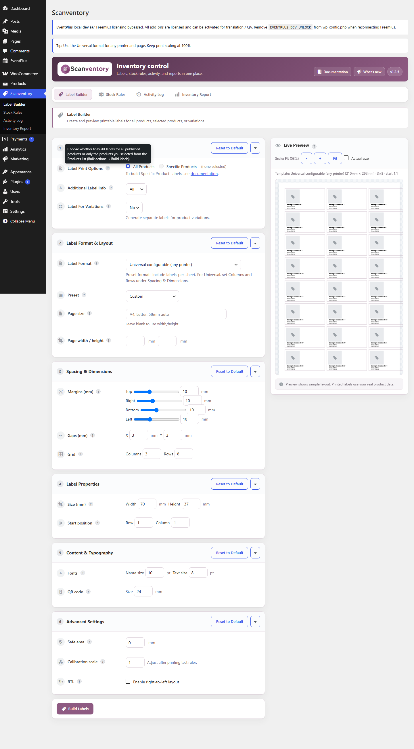 Universal spacing and label options